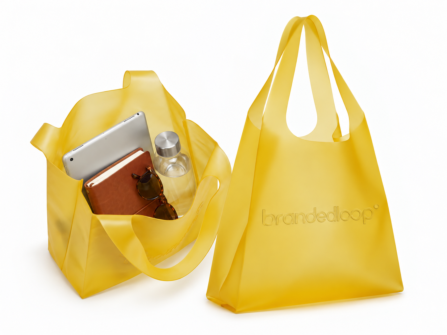 Bolsa de TPU amarilla personalizada, cerrada y abierta con contenido